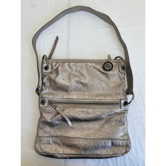 The Sak Gold Leather Fold Over  Handbag Convertible Gunmetal Hardware - Picture 1 of 7